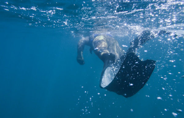 Scuba diver descending in clear water