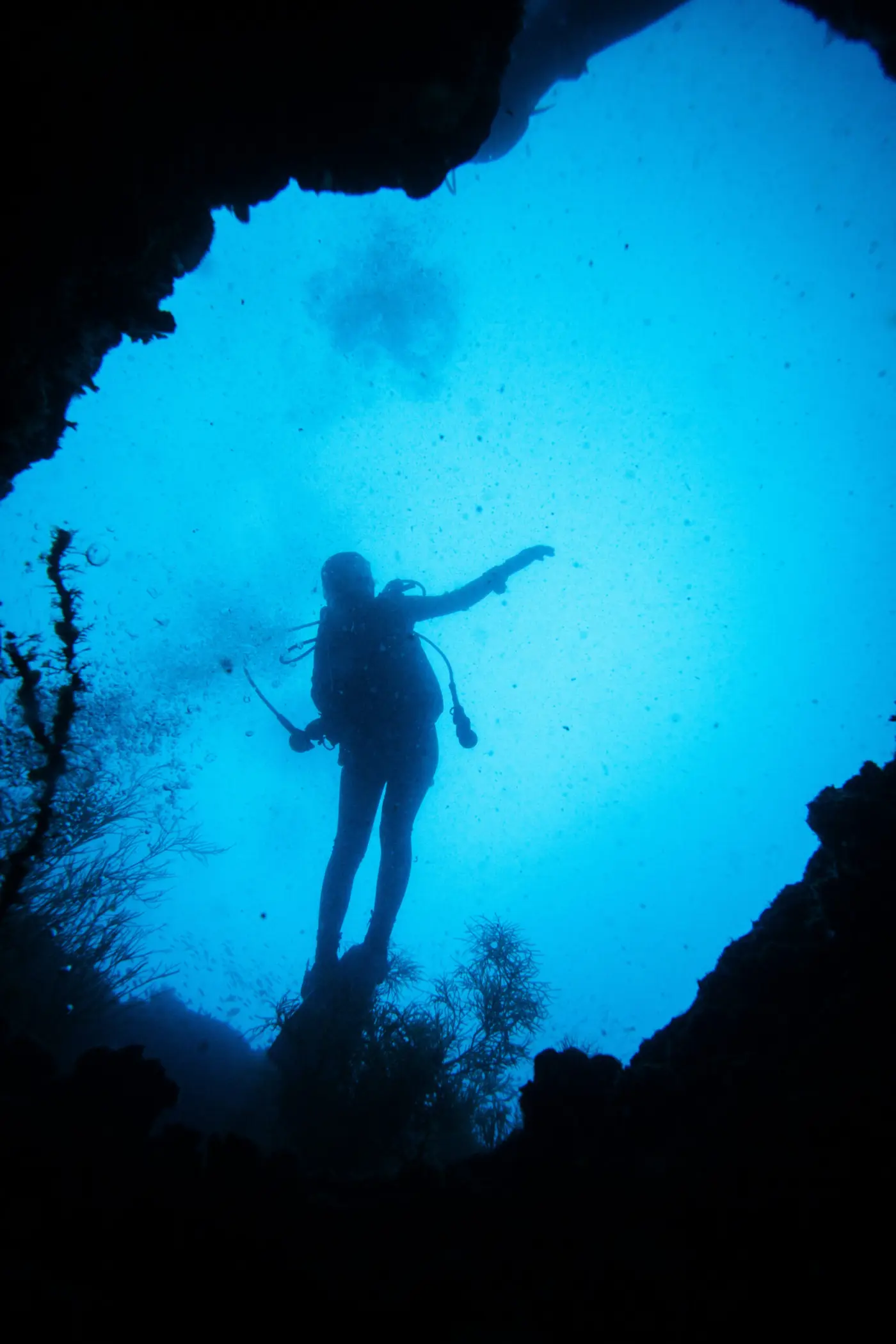 Silueta de buzo en una caverna de cenote