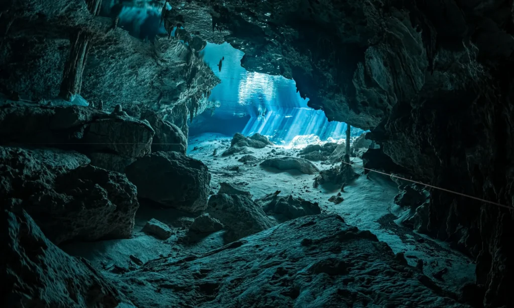 Dos Ojos cavern light beams