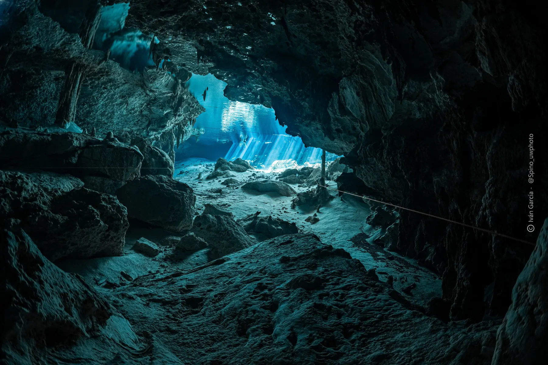 Diver swimming through sunbeams in a cenote cavern
