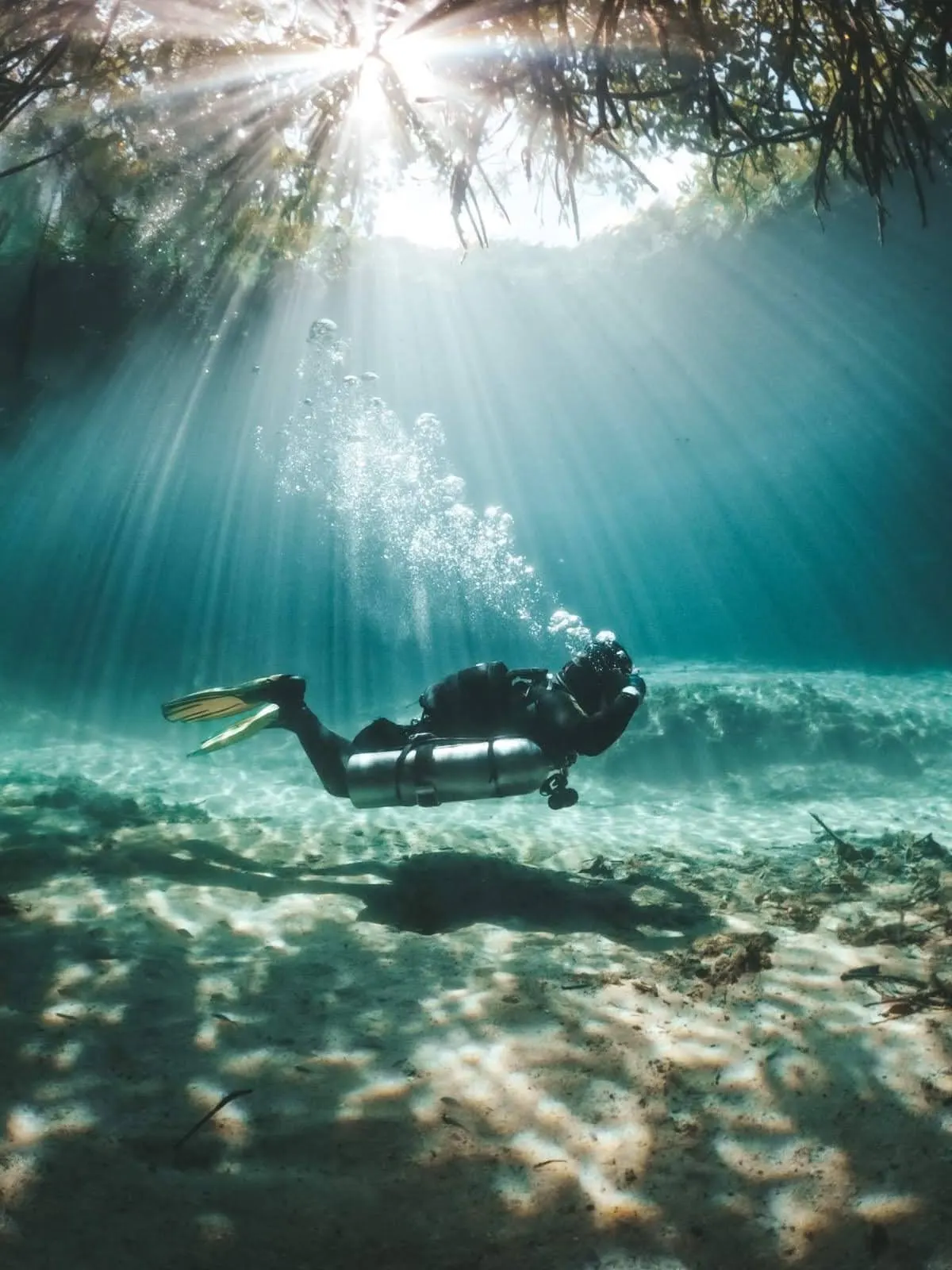 Sidemount diver under sunbeams in a shallow cenote